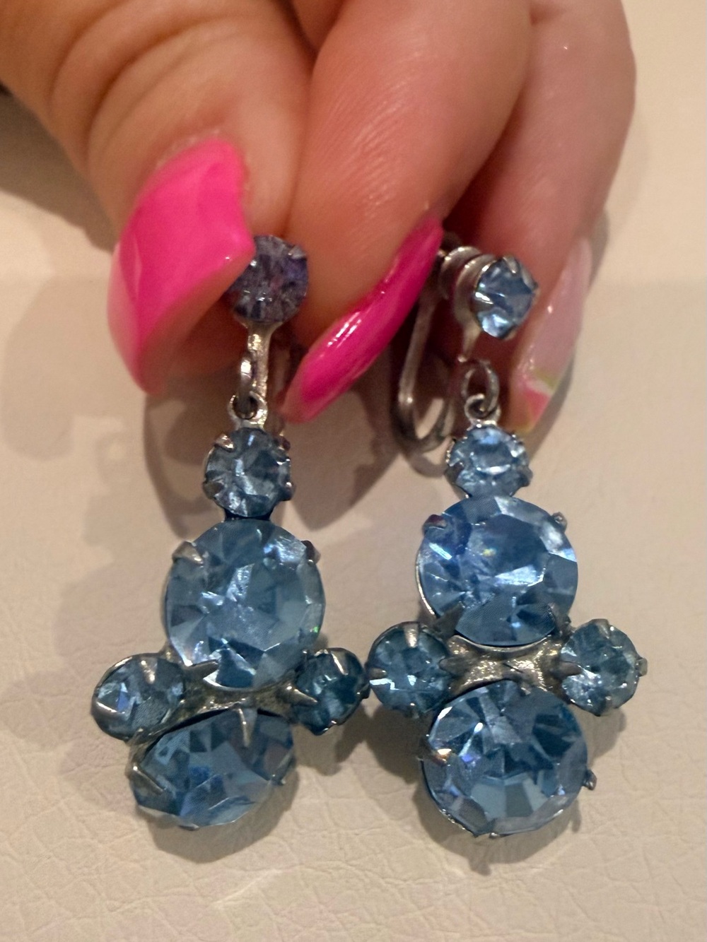 Vintage Light Blue Crystal Drop Screw Back Earrings